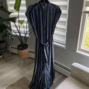 Club Monaco navy striped silk maxi shirt dress (size 6)